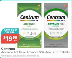 Advance Adults Or Advance 50+ Adults 100 Tablets offers at $19.99 in Your Local Pharmacy