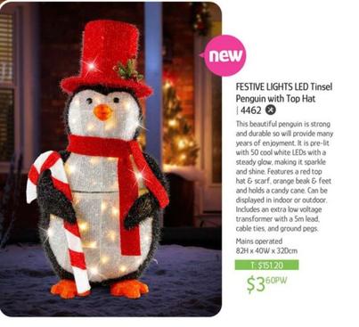 Festive Lights Led Tinsel Penguin With Top Hat offers at $3.6 in Chrisco