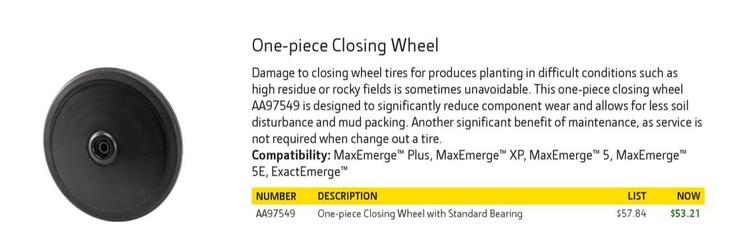 One-piece Closing Wheel offers at $53.21 in John Deere