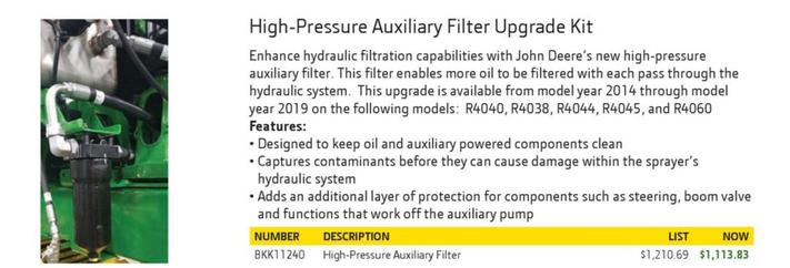 High-pressure Auxiliary Filter Upgrade Kit offers at $1113.83 in John Deere