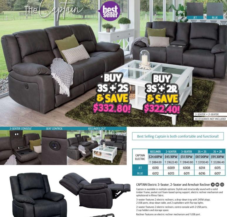 Captain Electric 3-seater, 2-seater And Armchair Recliner offers at $24.6 in Chrisco