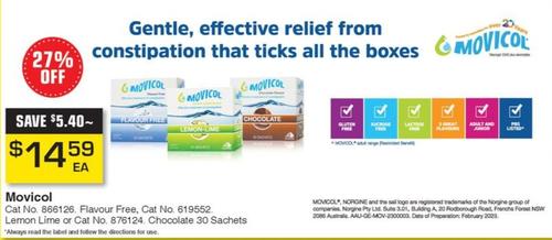 Movicol - Flavour Free, Lemon Lime or Chocolate 30 Sachets offers at $14.59 in Pharmacy Direct