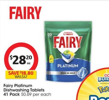 Fairy - Platinum Dishwashing Tablets 41 Pack offers at $28.2 in Coles