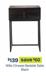 Willa 1 Drawer Bedside Table Black offers at $139 in Early Settler