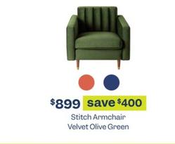 Stitch Armchair Velvet Olive Green offers at $899 in Early Settler