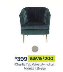 Charlie Tub Velvet Armchair Midnight Green offers at $399 in Early Settler