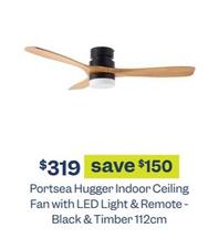 Portsea - Hugger Indoor Ceiling Fan With Led Light & Remote- Black & Timber 112cm offers at $319 in Early Settler