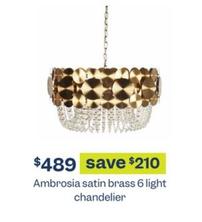 Ambrosia satin brass 6 light chandelier offers at $489 in Early Settler