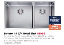 Bolero - 1 & 3/4 Bowl Sink  offers at $1089 in Bing Lee