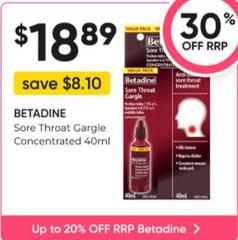 Betadine - Sore Throat Gargle Concentrated 40ml offers at $18.89 in Super Pharmacy