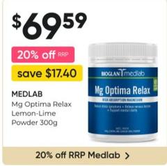 Medlab - Mg Optima Relax Lemon-Lime Powder 300g offers at $69.59 in Super Pharmacy