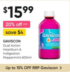 Gaviscon - Dual Action Heartburn & Indigestion Peppermint 600ml offers at $15.99 in Super Pharmacy