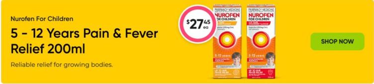 Nurofen - For Children 5-12 Years Pain & Fever Relief 200ml offers at $27.45 in Super Pharmacy
