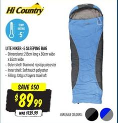 Hi Country - Lite Hiker -5 Sleeping Bag offers at $89.99 in Aussie Disposals
