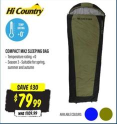 Hi Country - Compact Mk2 Sleeping Bag offers at $79.99 in Aussie Disposals