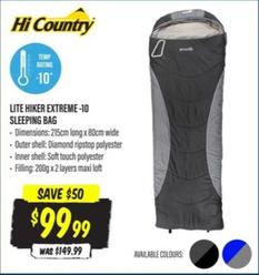 Hi Country - Lite Hiker Extreme-10 Sleeping Bag offers at $99.99 in Aussie Disposals