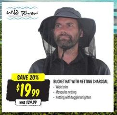 Wild River - Bucket Hat With Netting Charcoal offers at $19.99 in Aussie Disposals
