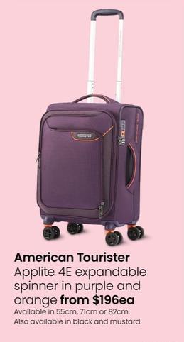 American Tourister - Applite 4E Expandable Spinner in Purple and Orange offers at $196 in Myer