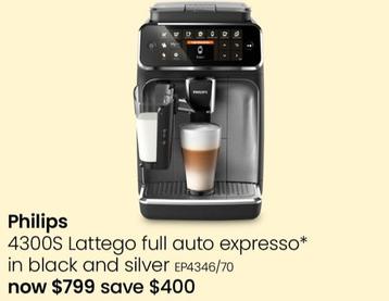 Philips - 4300S Lattego Full Auto Expresso in Black and Silver offers at $799 in Myer