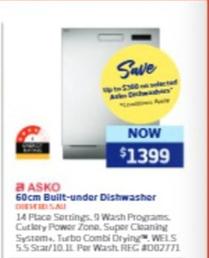 Asko - 60cm Built-under Dishwasher offers at $1399 in Retravision