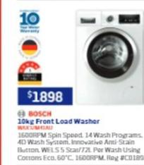 Bosch - 10kg Front Load Washer offers at $1898 in Retravision