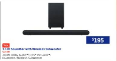 Tcl - 3.1ch Soundbar with Wireless Subwoofer offers at $195 in Retravision