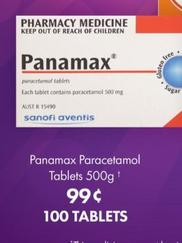 Panamax - Paracetamol Tablets 500g 100 Tablets offers at $0.99 in Pharmacy 4 Less