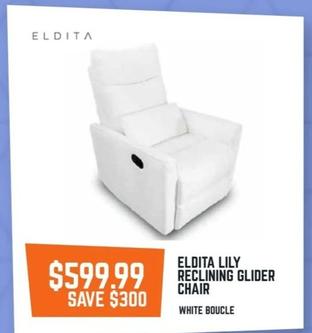 Eldita - Lily Reclining Glider Chair offers at $599.99 in Baby Kingdom
