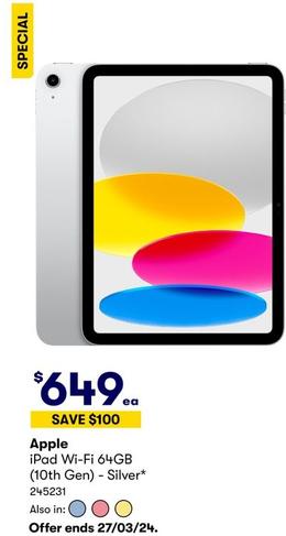 Apple - iPad Wi-Fi 64GB (10th Gen) - Silver offers at $649 in BIG W