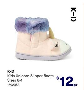 K-D - Kids Unicorn Slipper Boots Sizes 8-1 offers at $12 in BIG W