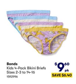 Bonds - Kids 4-Pack Bikini Briefs Sizes 2-3 to 14-16 offers at $9.6 in BIG W