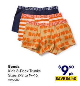 Bonds - Kids 3-Pack Trunks Sizes 2-3 to 14-16 offers at $9.6 in BIG W