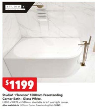 Studio1 'Florence' 1500mm Freestanding Corner Bath-Gloss White offers at $1199 in Harvey Norman