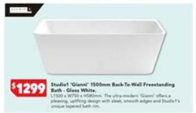 Studio1 - Gianni 1500mm Back-To-Wall Freestanding Bath-Gloss White. offers at $1299 in Harvey Norman