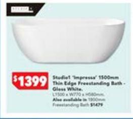 Studio1 - Impressa 1500mm Thin Edge Freestanding Bath - Gloss White offers at $1399 in Harvey Norman