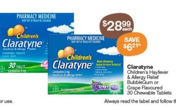 Claratyne - Children's Hayfever & Allergy Relief Bubblegum Or Grape Flavoured 30 Chewable Tablets offers at $28.99 in Pharmacy Best Buys