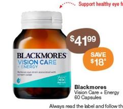 Blackmores - Vision Care + Energy 60 Capsules offers at $41.99 in Pharmacy Best Buys