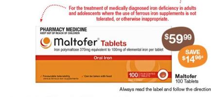 Maltofer - 100 Tablets offers at $59.99 in Pharmacy Best Buys