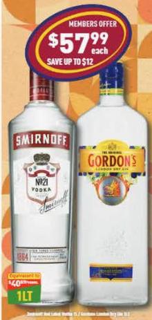 Smirnoff - Red Label Vodka 1l / Gordon's London Dry Gin 1lt offers at $57.99 in Liquor Legends