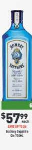 Bombay Sapphire - Gin 700ml offers at $57.99 in Liquor Legends