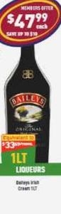 Baileys - Irish Cream 1lt offers at $47.99 in Liquor Legends