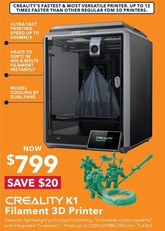Creality - K1 Filament 3D Printer offers at $799 in Jaycar Electronics