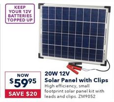 20W 12V Solar Panel with Clips offers at $59.95 in Jaycar Electronics