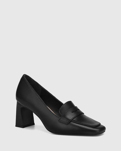 Odelle Black Leather Block Heel Loafer offers at $229 in Wittner