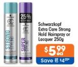 Schwarzkopf - Extra Care Strong Hold Hairspray or Lacquer 250g offers at $5.99 in Good Price Pharmacy