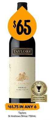 Taylors - St Andrews Shiraz 750ml offers at $65 in First Choice Liquor
