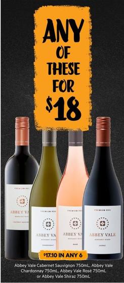 Abbey Vale - Cabernet Sauvignon 750ml, Chardonnay 750ml, Rosé 750ml Or Shiraz 750ml offers at $18 in First Choice Liquor