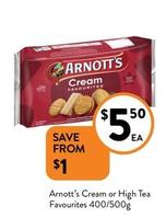 Arnott's - Cream Or High Tea Favourites 400/500g  offers at $5.5 in Foodworks