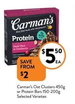 Carman's - Oat Clusters 450g Or Protein Bars 150-200g Selected Varieties offers at $5.5 in Foodworks