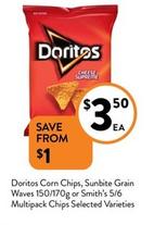 Doritos - Corn Chips, Sunbite Grain Waves 150/170g Or Smith’s 5/6 Multipack Chips Selected Varieties offers at $3.5 in Foodworks